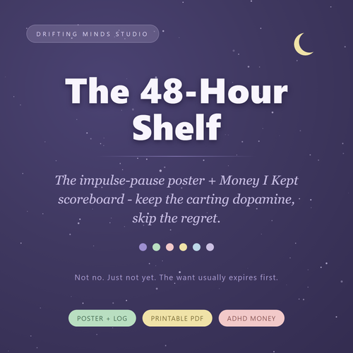 The 48 Hour Shelf — ADHD impulse spending pause poster and log