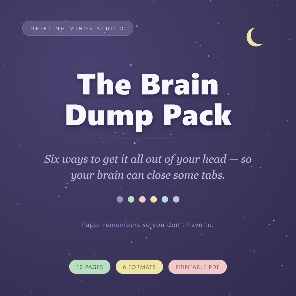 The Brain Dump Pack — 6 printable formats for racing ADHD thoughts, Drifting Minds Studio