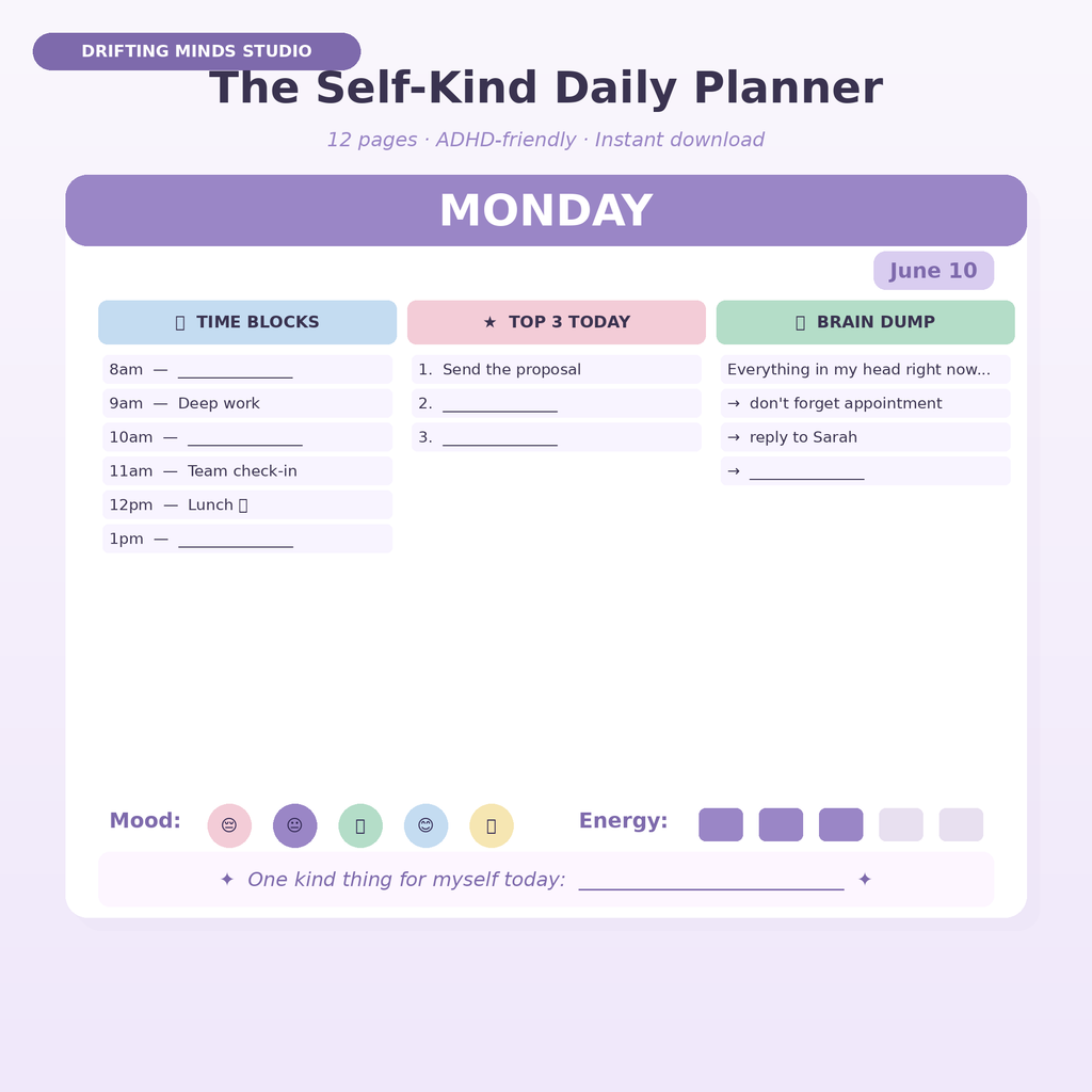 The Self-Kind Daily Planner - ADHD-friendly 12-page printable cover
