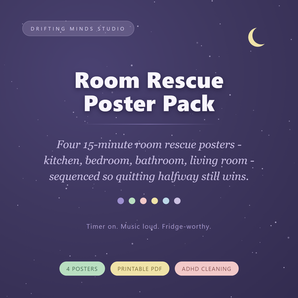 Room Rescue Poster Pack — 4 ADHD 15-minute cleaning posters