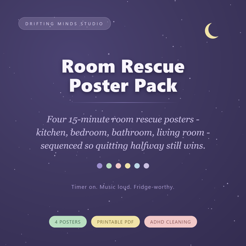 Room Rescue Poster Pack — 4 ADHD 15-minute cleaning posters