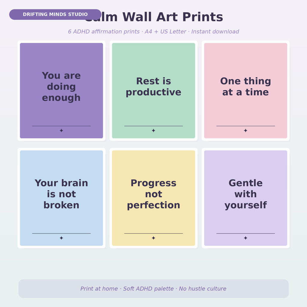Calm Wall Art Prints - ADHD affirmations set of 6 gallery cover