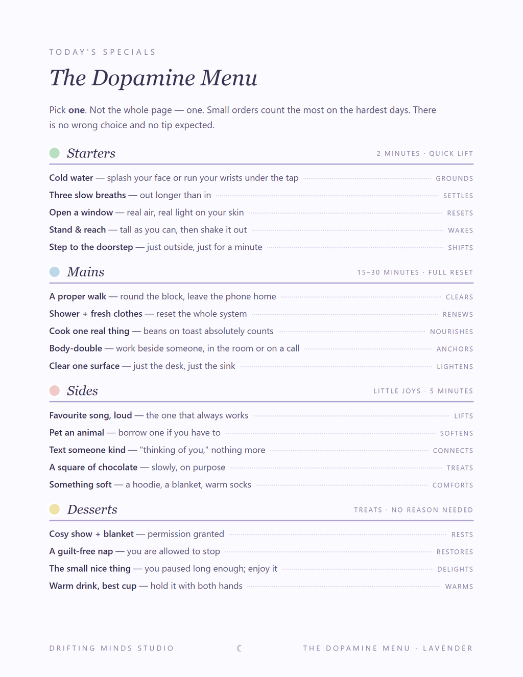 Inside: the Dopamine Menu printable — Starters, Mains, Sides and Desserts