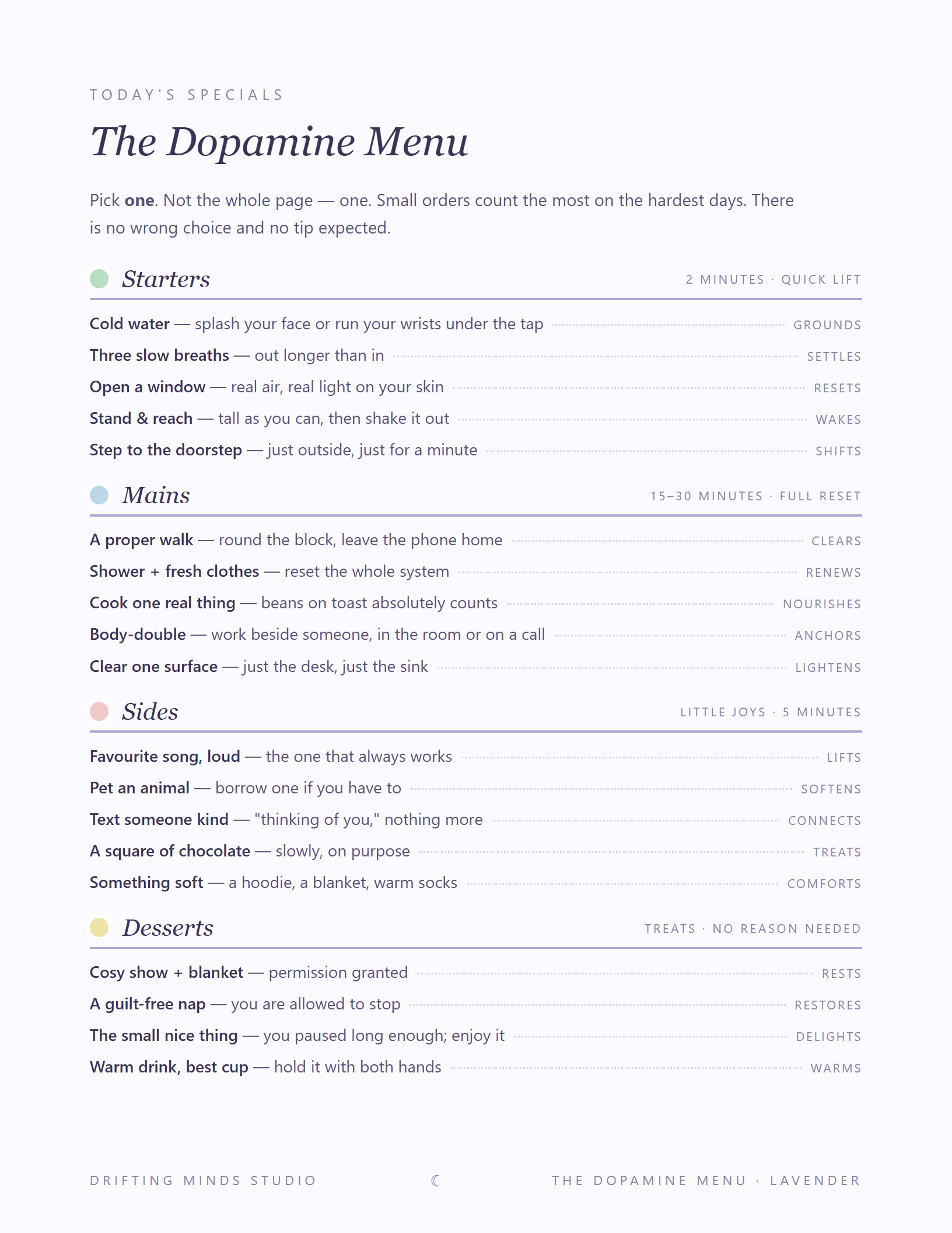 Inside: the Dopamine Menu printable — Starters, Mains, Sides and Desserts