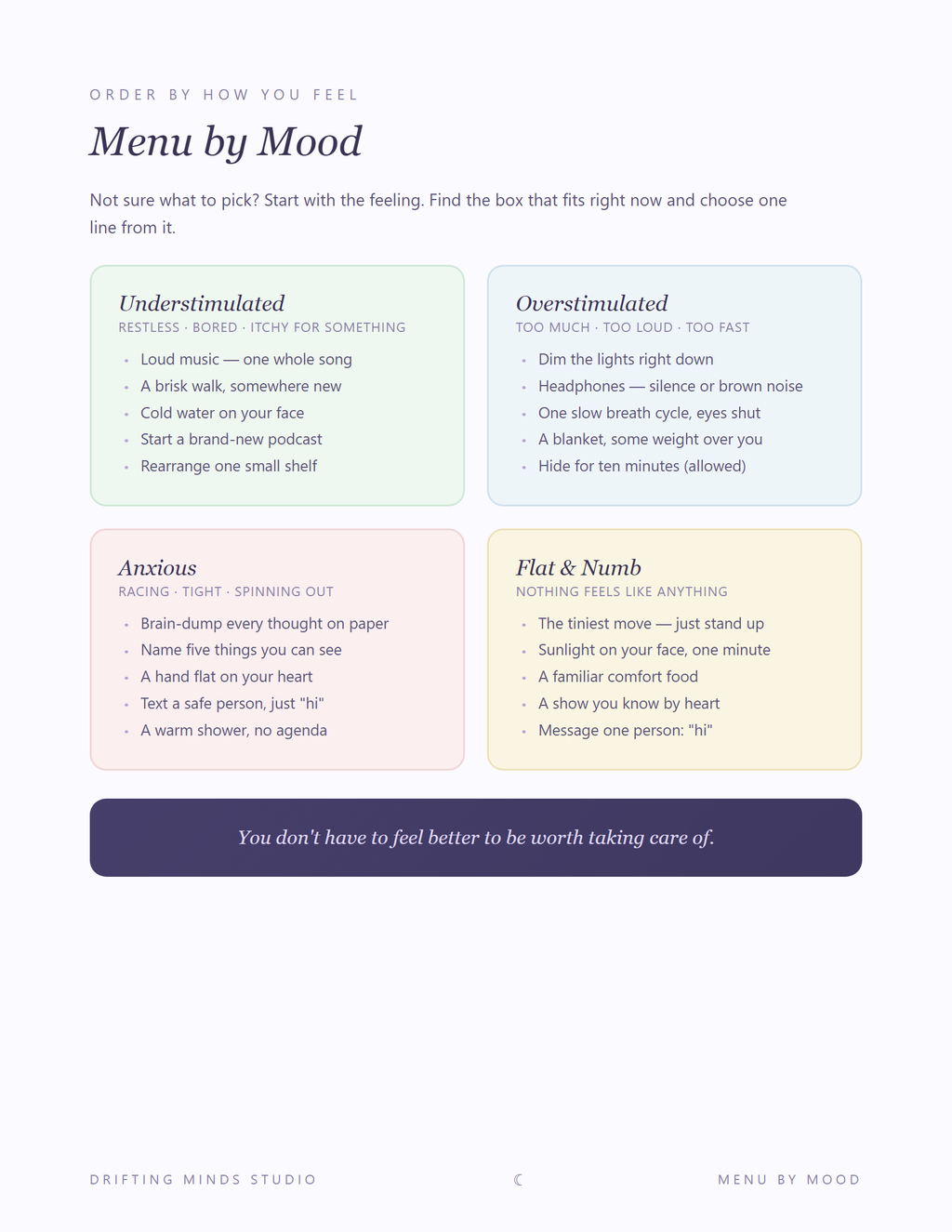 Menu by Mood page — understimulated, overstimulated, anxious, flat and numb