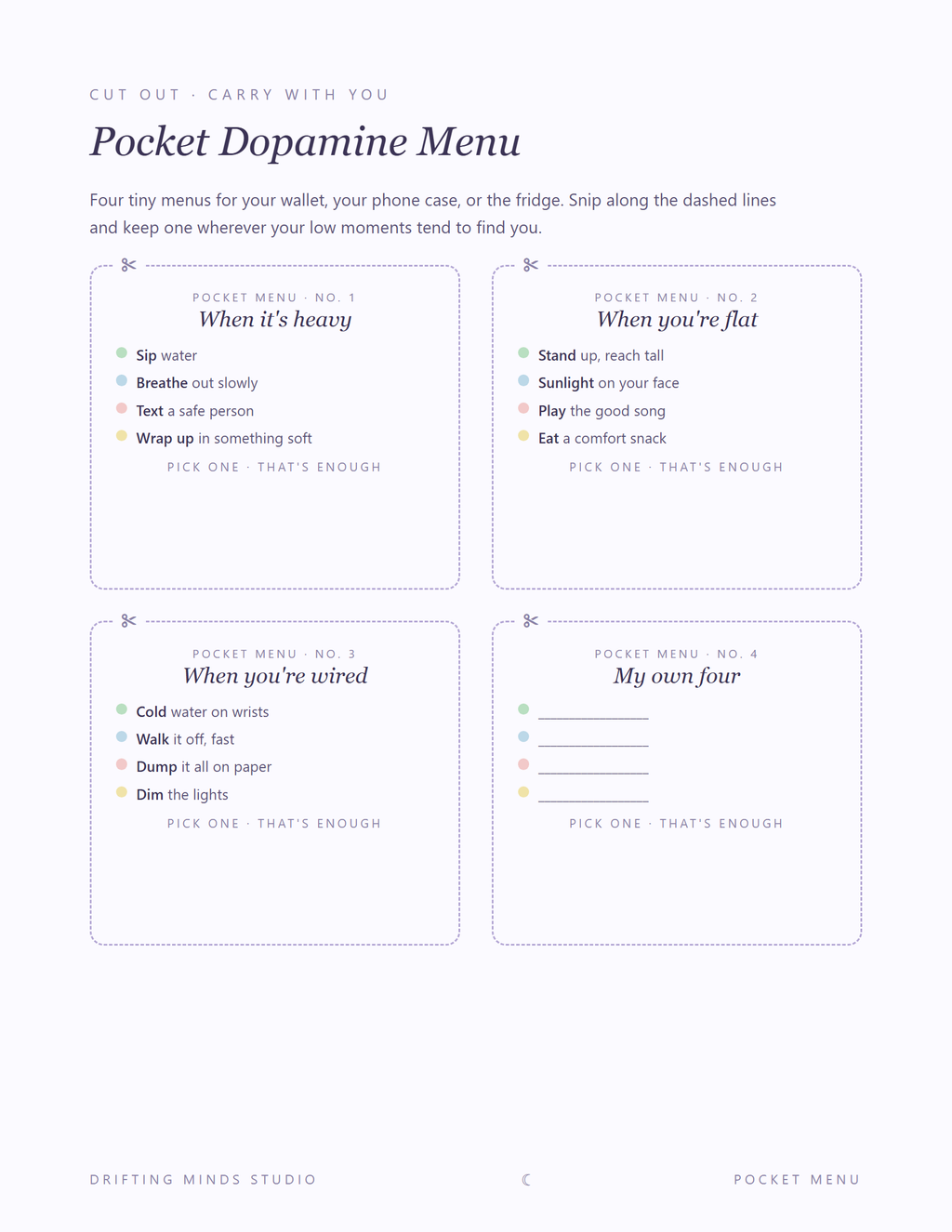 Pocket Dopamine Menu — cut-out cards to carry in a wallet or on the fridge