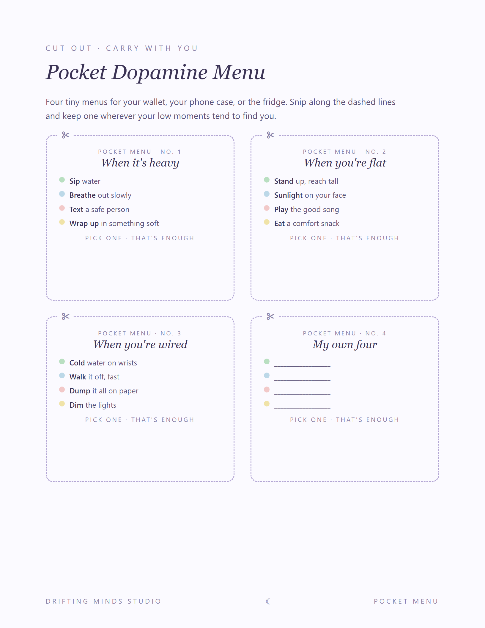 Pocket Dopamine Menu — cut-out cards to carry in a wallet or on the fridge