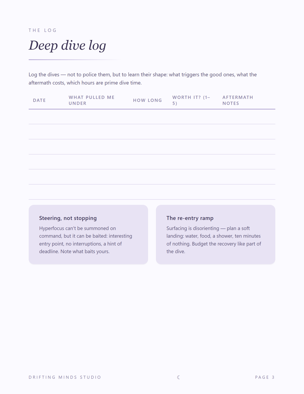 Deep dive log page preview