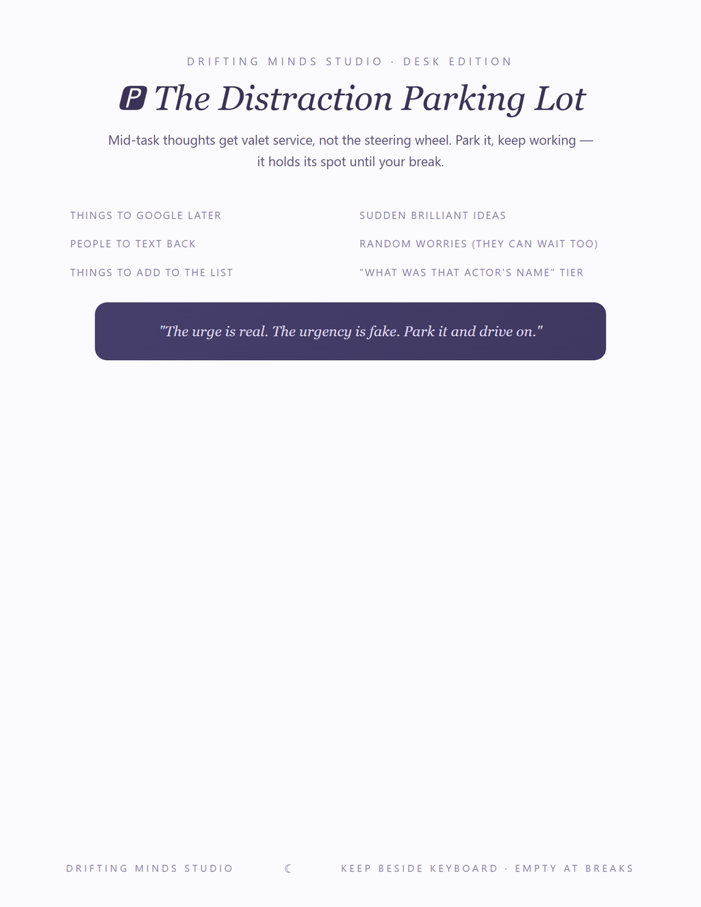 The Distraction Parking Lot desk sheet preview
