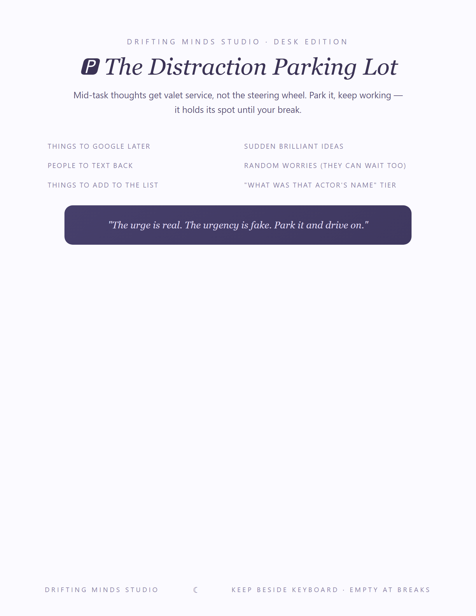 The Distraction Parking Lot desk sheet preview