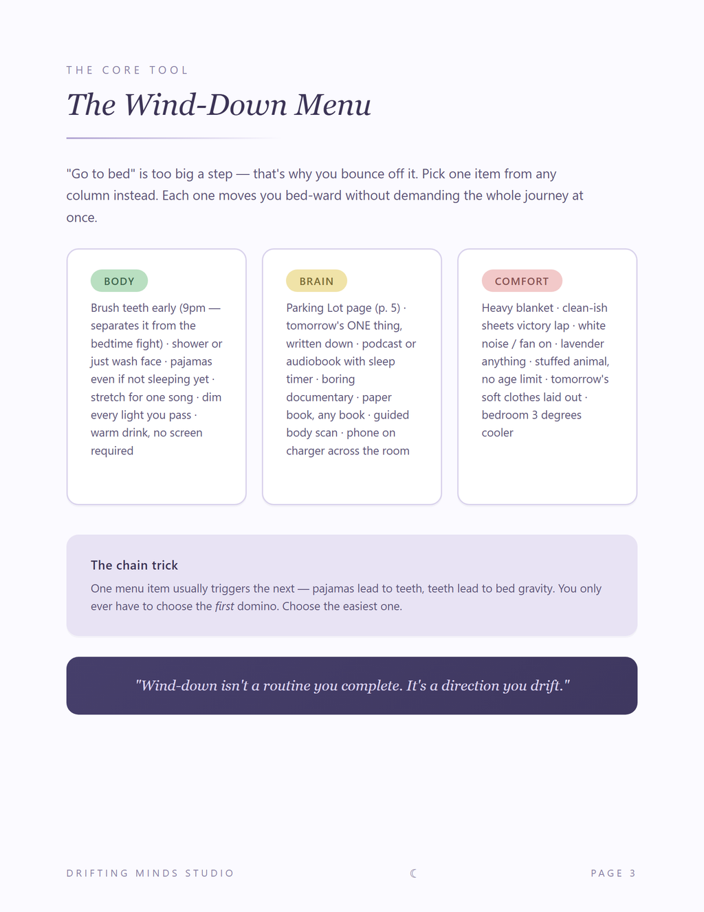 Bedtime wind-down page preview